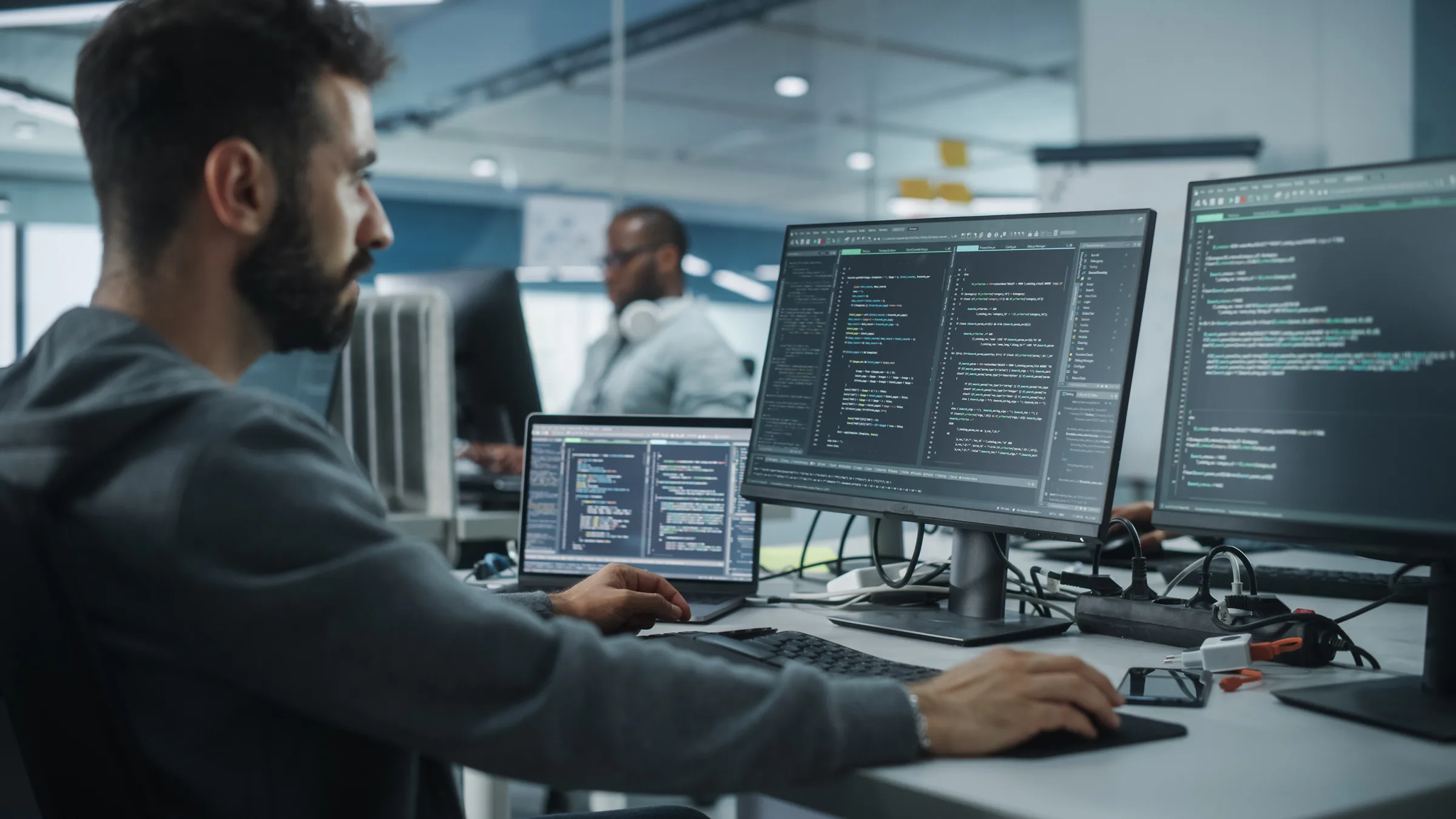 IT-Techniker arbeitet an mehreren Monitoren im Büro